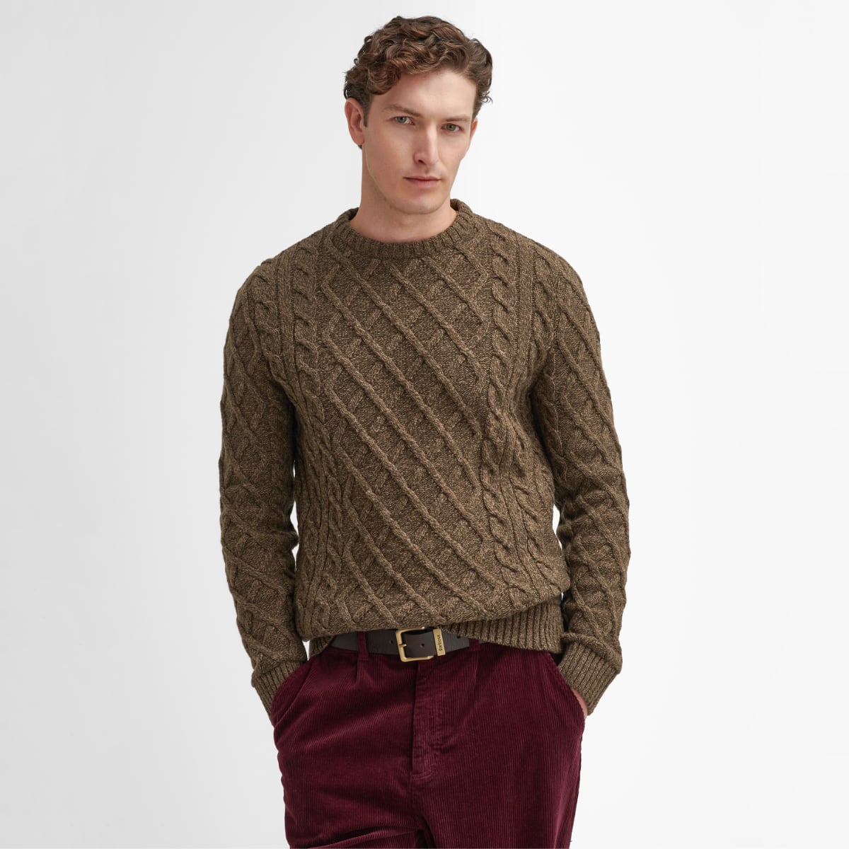 Barbour Stowford Cable Knit Crew Neck Sweater Olive Mix